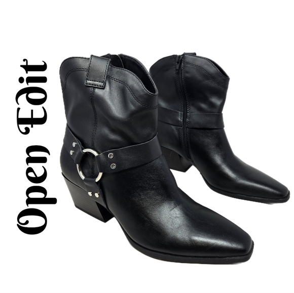 Open Edit Womens Enzo Western Flare Boots Sz 8.5M Black Leather Side Harness - Picture 1 of 11